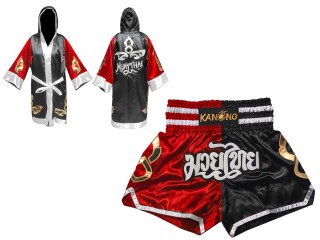 Personalisierte Boxmantel und Kickbox Hose : Set-143-Rot-Schwarz