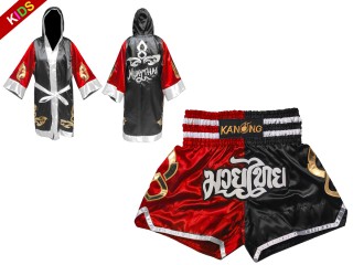 Individualisierte Boxmantel und Thaiboxshorts für Kinder : Set 143 Rot-Schwarz