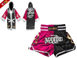 Individualisierte Boxmantel und Thaiboxshorts für Kinder : Set 143 Rosa-Schwarz
