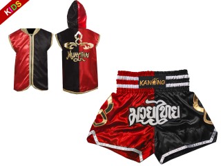 Personalisierte Boxjacke mit Kapuze und Thaibox-Shorts für Kinder : Set 143 Rot-Schwarz