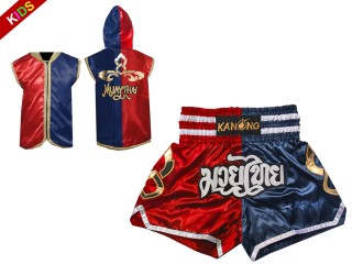 Individualisierte Boxjacke mit Kapuze und Thaibox-Shorts für Kinder : Set 143 Rot-Marineblau