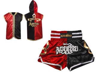 Boxbekleidung - Individualisierte Boxjacke mit Kapuze und Muay Thai Shorts : Set 143 Rot-Schwarz