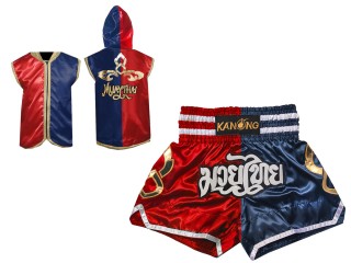 Boxbekleidung - Individualisierte Boxjacke mit Kapuze und Muay Thai Shorts : Set 143 Rot-Marineblau