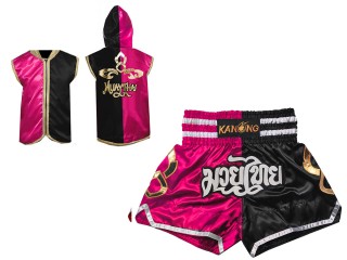 Boxbekleidung - Individualisierte Boxjacke mit Kapuze und Muay Thai Shorts : Set 143 Rosa-Schwarz
