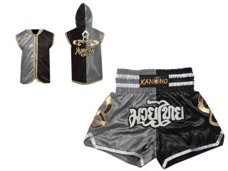 Boxbekleidung - Individualisierte Boxjacke mit Kapuze und Muay Thai Shorts : Set 143 Silber-Schwarz