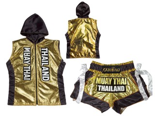 Boxbekleidung - Personalisierte Boxjacke mit Kapuze und Muay Thai Shorts : KNHODSET-004-Gold-Schwarz