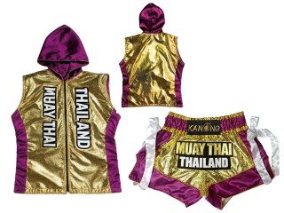 Boxbekleidung - Personalisierte Boxjacke mit Kapuze und Muay Thai Shorts : KNHODSET-004-Gold-Violett