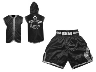 Boxset - Personalisierte Box jacke mit Kapuze und Boxhosen  : KNCUSET-008-Schwarz-Silber