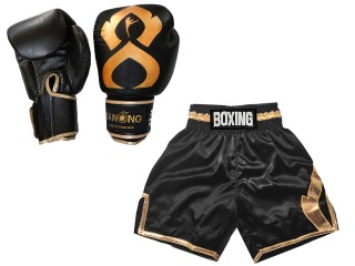 Boxhandschuhe aus echtem Leder + Personalisierte Boxshorts : KNCUSET-201-Schwarz-Gold