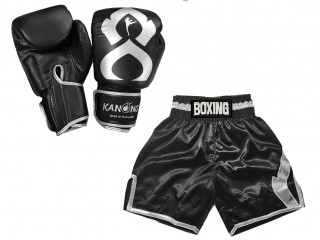 Boxset - Boxhandschuhe aus echtem Leder und  Personalisierte Boxshorts : KNCUSET-201-Schwarz-Silber