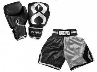 Boxset - Boxhandschuhe aus echtem Leder und  Personalisierte Boxshorts : KNCUSET-202-Schwarz-Silber