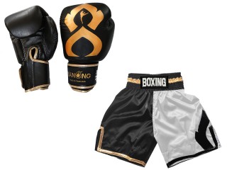 Boxset - Boxhandschuhe aus echtem Leder und  Personalisierte Boxshorts : KNCUSET-202-Schwarz-Weiss