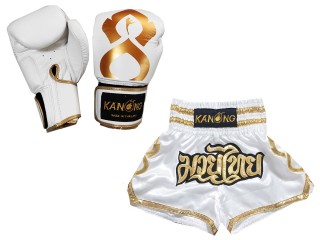 Boxhandschuhe aus echtem Leder + Muay Thai Shorts : Set-121-Thaikick-Weiß