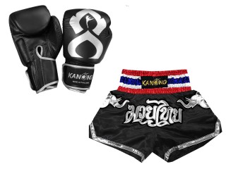 Boxhandschuhe aus echtem Leder + Muay Thai Shorts : Set-125-Gloves-Thaikick-Schwarz