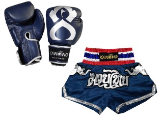 Boxhandschuhe aus echtem Leder + Muay Thai Shorts : Set-125-Gloves-Thaikick-Marinenblau