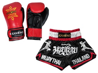Boxhandschuhe aus echtem Leder + Muay Thai Shorts : Set-133-Gloves-Schwarz