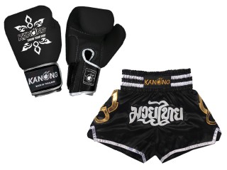 Boxhandschuhe aus echtem Leder + Muay Thai Shorts : Set-143-Gloves-Schwarz