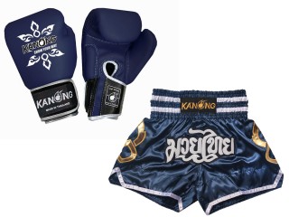Boxhandschuhe aus echtem Leder + Muay Thai Shorts : Set-143-Gloves-Marinenblau