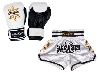 Boxhandschuhe aus echtem Leder + Muay Thai Shorts : Set-143-Gloves-Weiß
