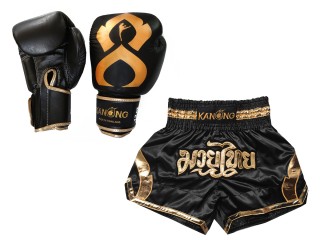 Boxhandschuhe aus echtem Leder + Muay Thai Shorts : Set-144-Gloves-Schwarz-Gold