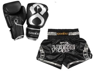 Boxhandschuhe aus echtem Leder + Muay Thai Shorts : Set-144-Gloves-Schwarz-Silber