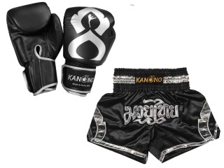 Boxset - Boxhandschuhe und Muay Thai Hose selber gestalten : Set-144-Gloves-Schwarz-Silber