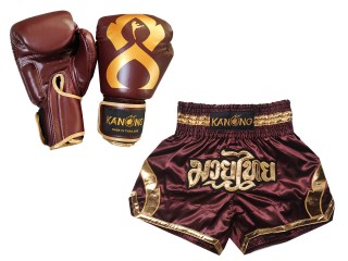 Boxhandschuhe aus echtem Leder + Muay Thai Shorts : Set-144-Gloves-Kastanienbraun