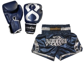 Boxhandschuhe aus echtem Leder + Muay Thai Shorts : Set-144-Gloves-Marinenblau