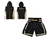 Boxbekleidung -  Box jacke mit Kapuze und Boxhosen selber gestalten : KNCUSET-007-Schwarz-Gold