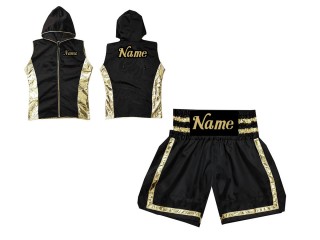 Boxbekleidung -  Box jacke mit Kapuze und Boxhosen selber gestalten : KNCUSET-007-Schwarz-Gold