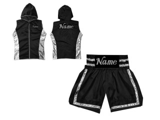 Kanong Personalisierte Boxjacke mit Kapuze und Boxhosen : KNCUSET-007-Schwarz-Silber