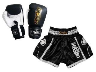 Boxset -  Passende Boxhandschuhe und Muay Thai Shorts : Set-208-Schwarz