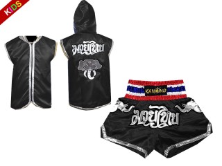 Personalisierte Box jacke  mit Kapuze und Thaibox-Shorts für Kinder : 125-Schwarz