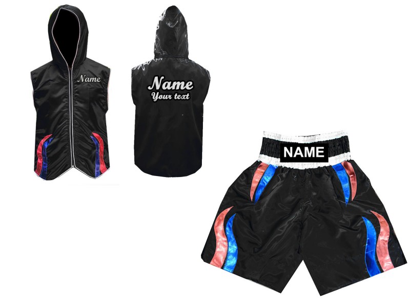 Boxbekleidung - Personalisierte Boxjacke mit Kapuze und Boxhosen : Schwarz / Streifen