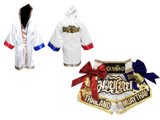 Personalisierte Boxmantel und Kickbox Hose : 128-Weiß